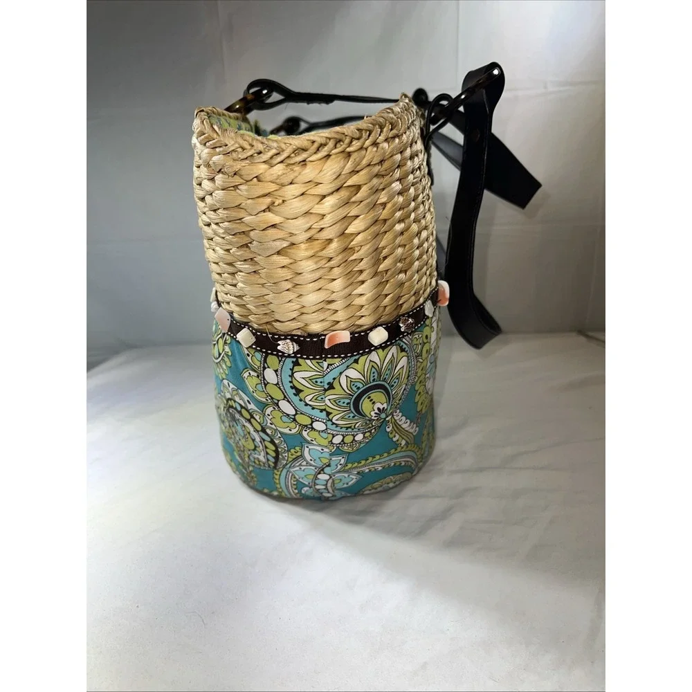 Vera Bradley Peacock Blue Green Floral Wicker Tote Bag Large Mod Straw Shopper - Picture 2 of 5